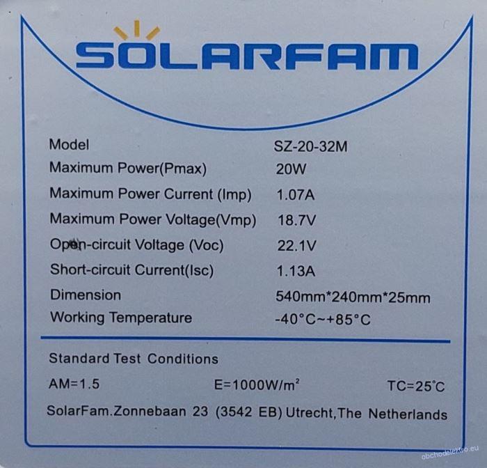 Fotovoltaický solární panel 12V/20W SZ-20-32M, 540x240x25mm, shingle