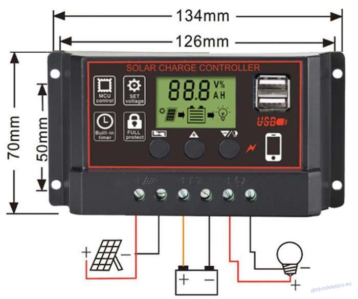 Solární regulátor PWM BL915C 36-48-60V/30A+USB pro různé baterie (G912A)