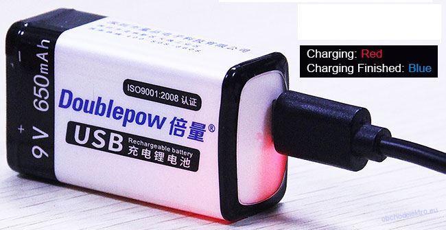 Nabíjecí baterie Li-ion 9V 650mAh 6F22, Doublepow, napájení USB