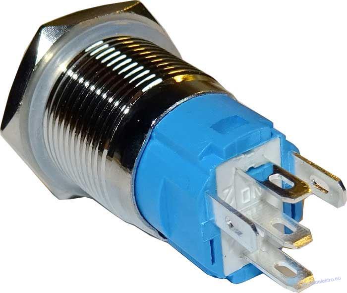 Vypínač stiskací OFF-ON 16mm, 250V/3A, červené prosvětlení 12-24V (