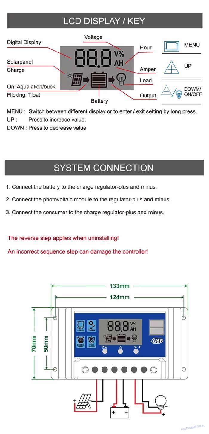 Solární regulátor PWM YJSS30 12-24V/30A+USB