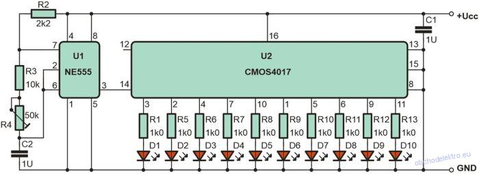 Běžící světlo, stavebnice s NE555+CD4017