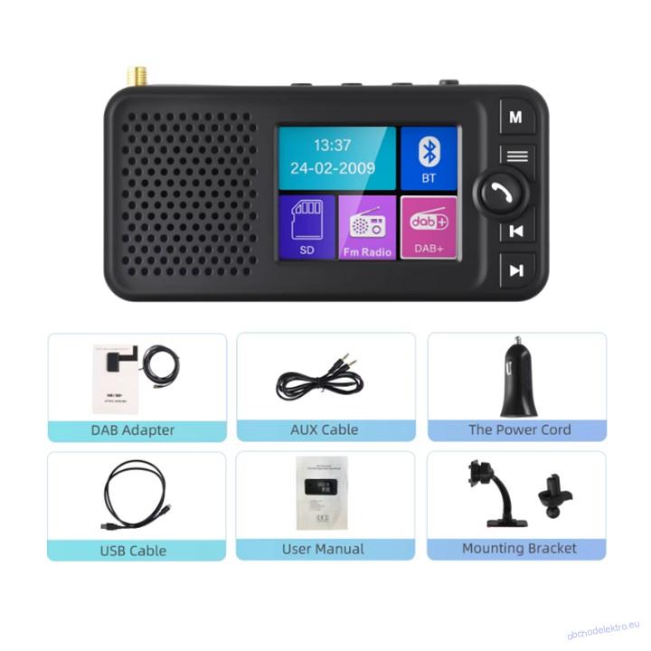 Multifunkční FM + DAB přijímač / Bluetooth HF + přehrávač / micro SD / FM modulátor / akumulátor