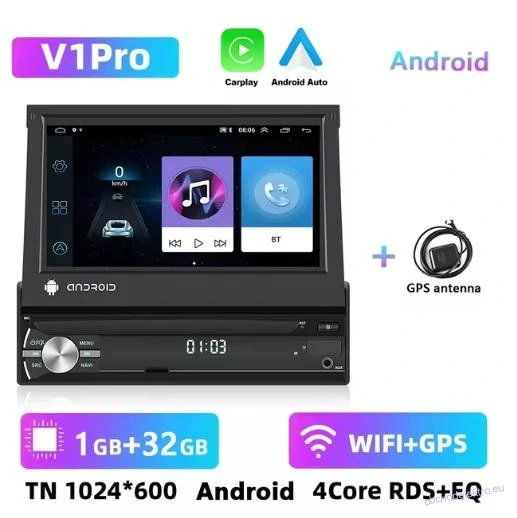 1DIN Android 13 GPS autorádio s výsuvným 7" LCD